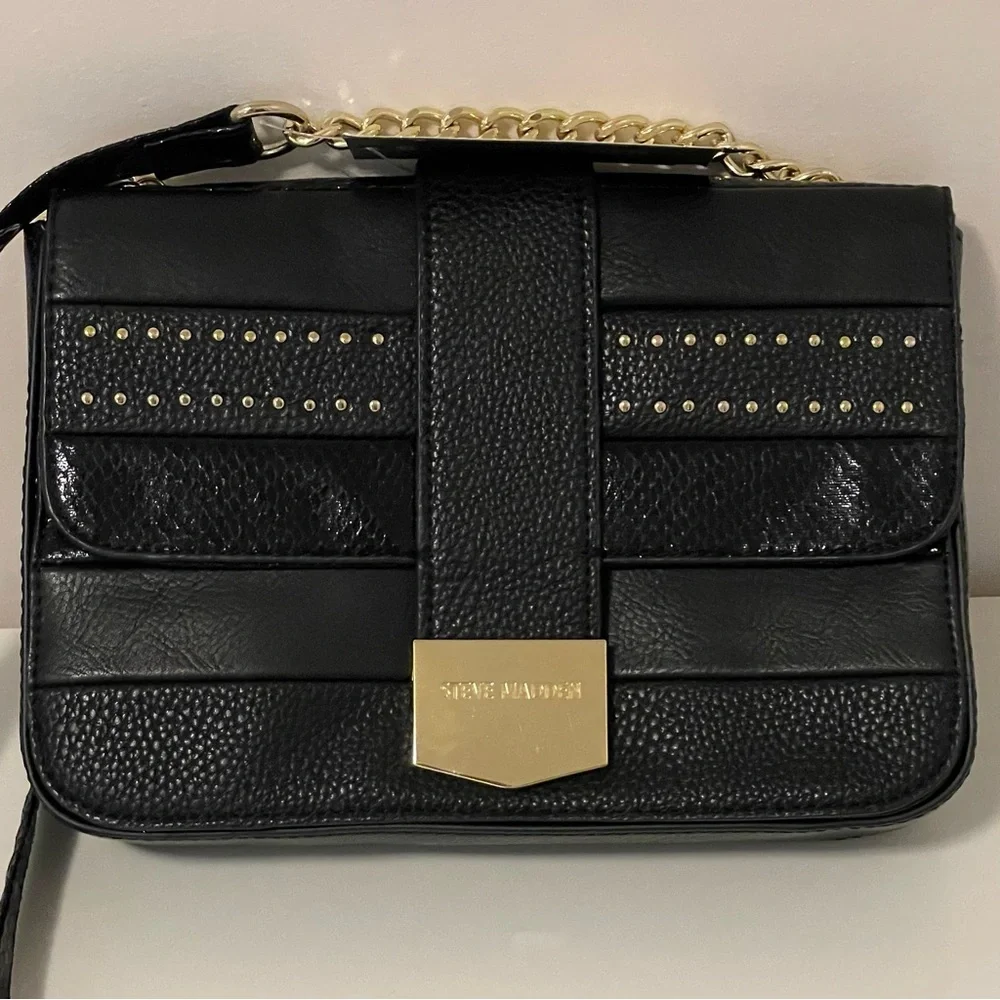 Steve Madden Black Faux Leather Shoulder Bag with Gold Accents - Picture 2 of 11